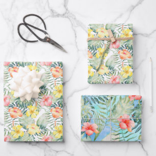 Tropische roze gele Hibiscus Flowers Inpakpapier Vel