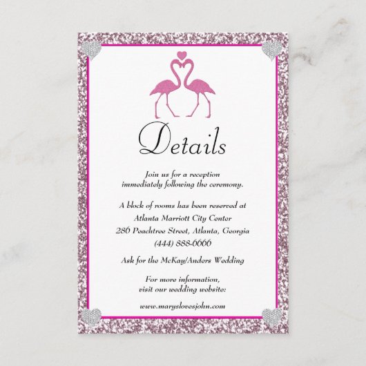 Tropische Roze Glitter Flamingo Bruiloft Details Informatiekaartje (Voorkant)