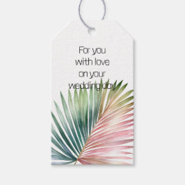 Tropische roze groene blad bruiloft cadeaulabel
