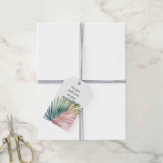 Tropische roze groene blad bruiloft cadeaulabel (Met Touw)