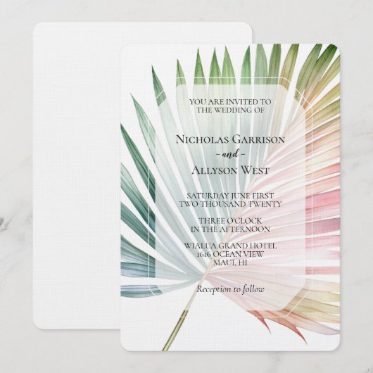 Tropische roze groene blad bruiloft kaart (Voorkant / Achterkant)