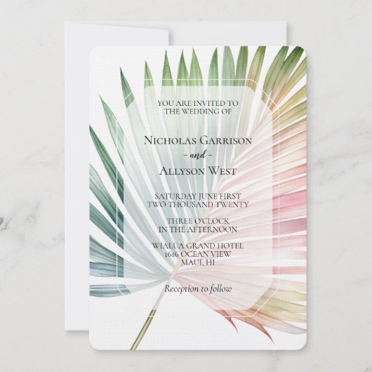 Tropische roze groene blad bruiloft kaart (Voorkant)