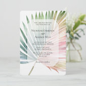 Tropische roze groene blad bruiloft kaart (Staand voorkant)