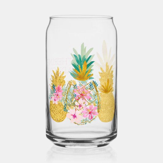 Tropische Roze Groene en Gouden Bloemen Ananas Blikvorm Glas (Voorkant)