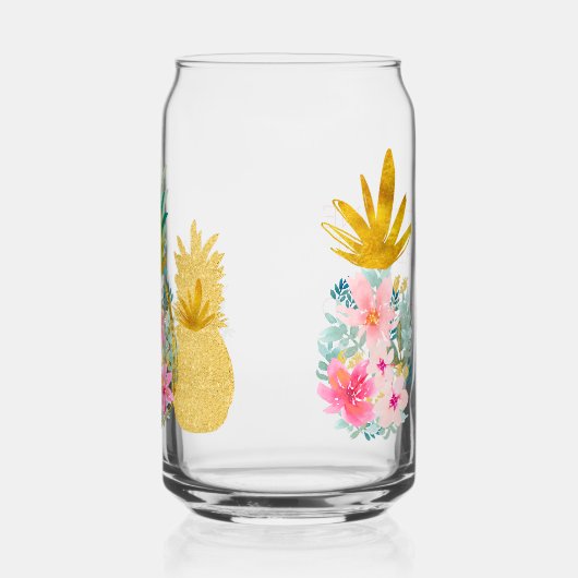 Tropische Roze Groene en Gouden Bloemen Ananas Blikvorm Glas (Links)