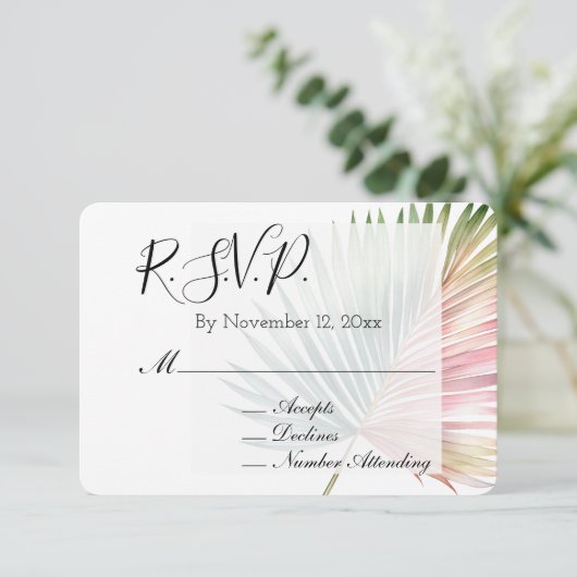 Tropische Roze Groene Leaf Wedding RSVP Informatiekaartje (Staand voorkant)