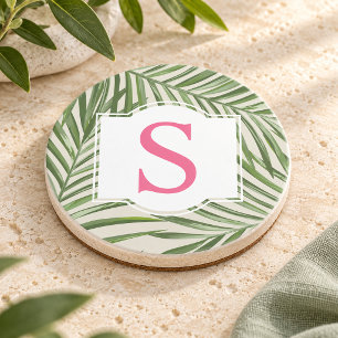 Tropische Roze Groene Palmbladeren Monogram Initia Zandsteen Onderzetter