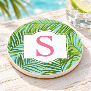 Tropische Roze Groene Palmbladeren Monogram Initia Zandsteen Onderzetter