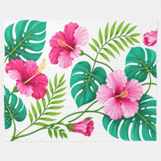 Tropische roze hibiscus en Monstera-bladeren Fleece Deken
