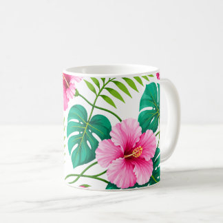 Tropische roze hibiscus en Monstera-bladeren Koffiemok