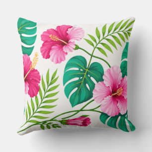 Tropische roze hibiscus en Monstera-bladeren Kussen