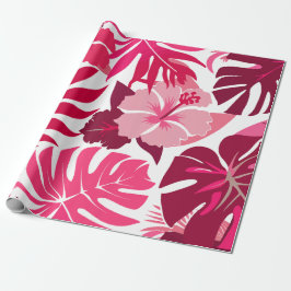 Tropische roze Hibiscus en Monstera bladeren patro Cadeaupapier