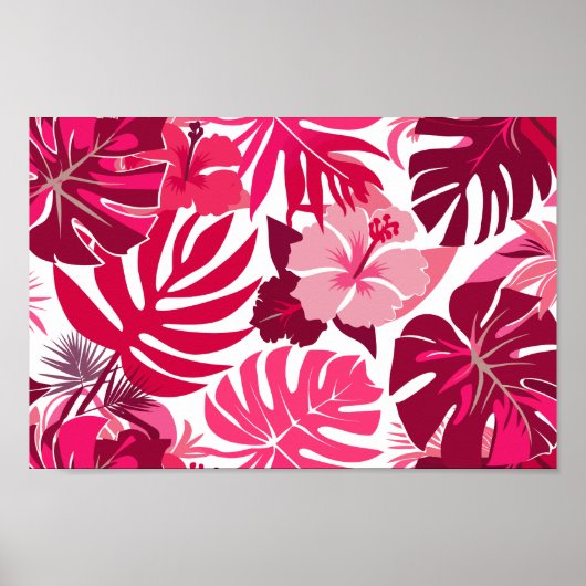 Tropische roze Hibiscus en Monstera bladeren patro Poster (Voorkant)