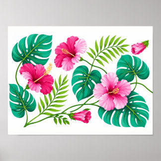 Tropische roze hibiscus en Monstera-bladeren Poster