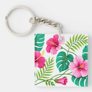 Tropische Roze Hibiscus en Monstera Bladeren Sleutelhanger