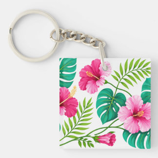 Tropische Roze Hibiscus en Monstera Bladeren Sleutelhanger
