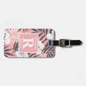 Tropische roze hibiscus gepersonaliseerd monogram bagagelabel (Voorkant horizontaal)