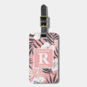 Tropische roze hibiscus gepersonaliseerd monogram bagagelabel (Voorkant verticaal)