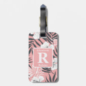 Tropische roze hibiscus gepersonaliseerd monogram bagagelabel (Achterkant verticaal)