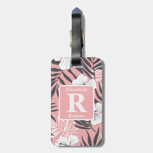 Tropische roze hibiscus gepersonaliseerd monogram bagagelabel (Achterkant verticaal)