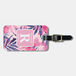 Tropische roze hibiscus gepersonaliseerd monogram bagagelabel