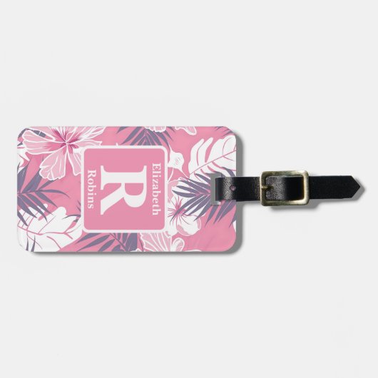Tropische roze hibiscus gepersonaliseerd monogram bagagelabel (Voorkant horizontaal)