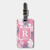 Tropische roze hibiscus gepersonaliseerd monogram bagagelabel (Voorkant verticaal)