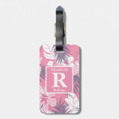 Tropische roze hibiscus gepersonaliseerd monogram bagagelabel (Achterkant verticaal)
