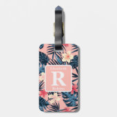 Tropische roze hibiscus gepersonaliseerd monogram bagagelabel (Achterkant verticaal)