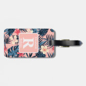 Tropische roze hibiscus gepersonaliseerd monogram bagagelabel (Achterkant horizontaal)