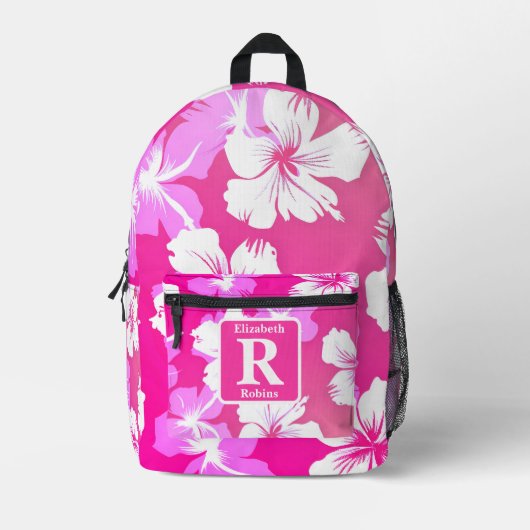 Tropische roze hibiscus gepersonaliseerd monogram bedrukte rugzak (Voorkant)