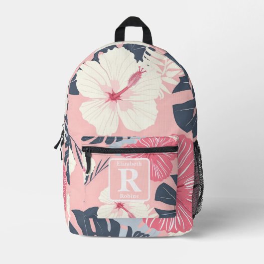 Tropische roze hibiscus gepersonaliseerd monogram bedrukte rugzak (Voorkant)