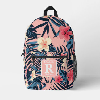 Tropische roze hibiscus gepersonaliseerd monogram bedrukte rugzak
