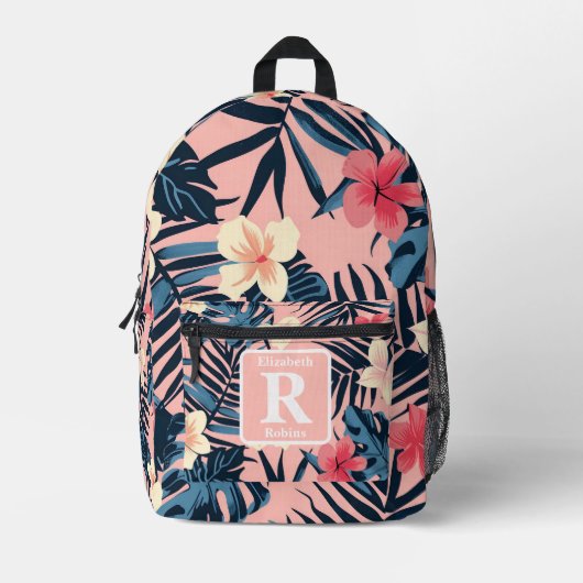 Tropische roze hibiscus gepersonaliseerd monogram bedrukte rugzak (Voorkant)