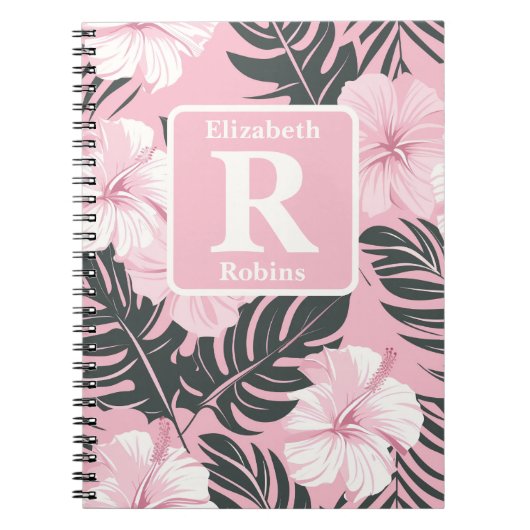 Tropische roze hibiscus gepersonaliseerd monogram notitieboek (Voorkant)