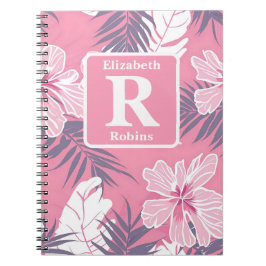 Tropische roze hibiscus gepersonaliseerd monogram notitieboek