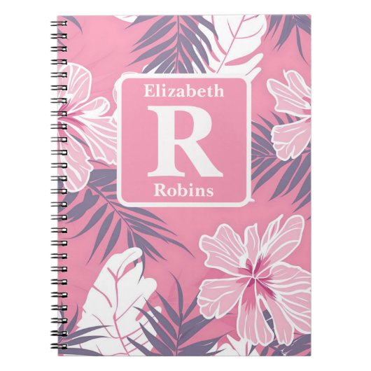 Tropische roze hibiscus gepersonaliseerd monogram notitieboek (Voorkant)