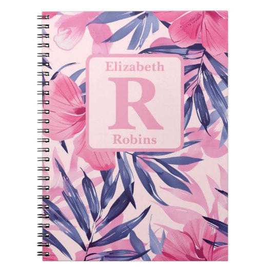 Tropische roze hibiscus gepersonaliseerd monogram notitieboek (Voorkant)