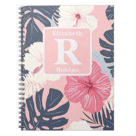 Tropische roze hibiscus gepersonaliseerd monogram notitieboek