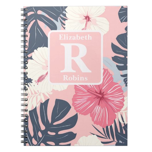 Tropische roze hibiscus gepersonaliseerd monogram notitieboek (Voorkant)