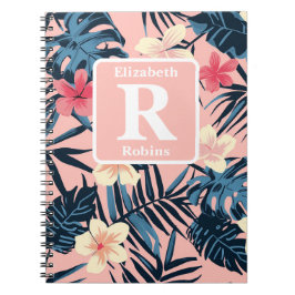 Tropische roze hibiscus gepersonaliseerd monogram notitieboek