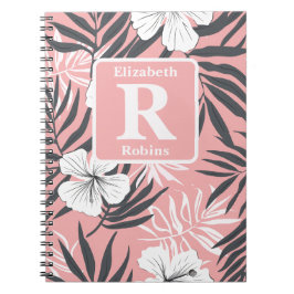 Tropische roze hibiscus gepersonaliseerd monogram notitieboek