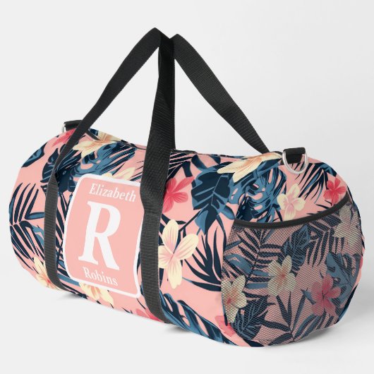 Tropische roze hibiscus gepersonaliseerd monogram plunjezak (Rechterhoek)