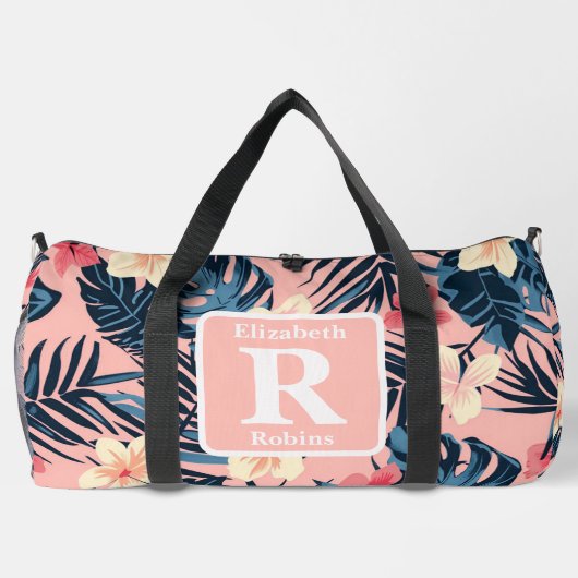 Tropische roze hibiscus gepersonaliseerd monogram plunjezak (Achterkant)