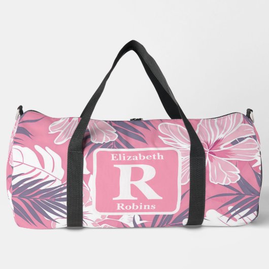 Tropische roze hibiscus gepersonaliseerd monogram plunjezak (Voorkant)