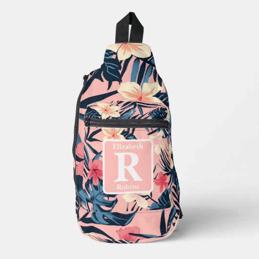 Tropische roze hibiscus gepersonaliseerd monogram sling bag (Voorkant)