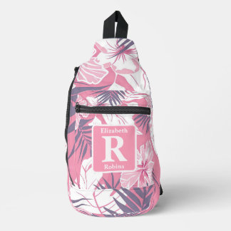Tropische roze hibiscus gepersonaliseerd monogram sling bag