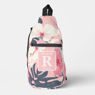 Tropische roze hibiscus gepersonaliseerd monogram sling bag