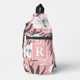 Tropische roze hibiscus gepersonaliseerd monogram sling bag