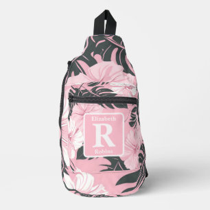 Tropische roze hibiscus gepersonaliseerd monogram sling bag
